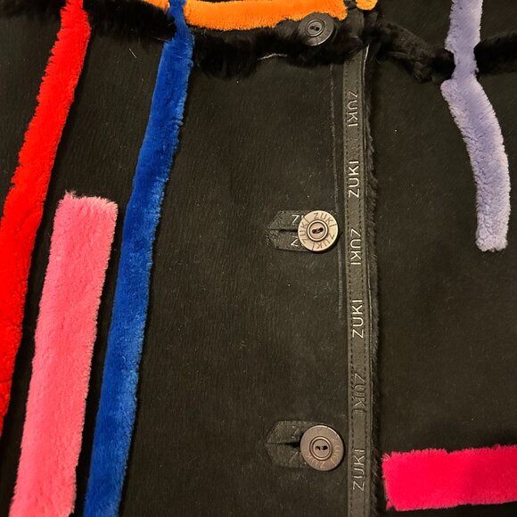 ZUKI Sz M/L Black Sheared Beaver w/Suede & Abstract Design Reversible Coat Jkt - Picture 6 of 14
